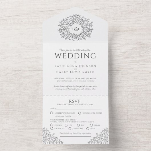 Bruiloft donkergrijs wit monogram bladeren all in one uitnodiging (Binnen)