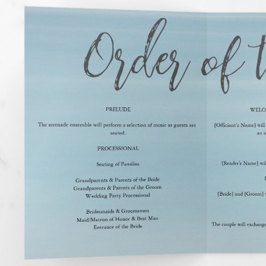 Bruiloft door het zee onder peachy sky zonsonderga drieluik programma (Binnenzijde eerst)