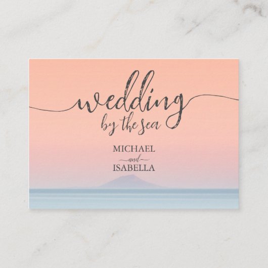 Bruiloft door het zee onder peachy sky zonsonderga informatiekaartje (Achterkant)