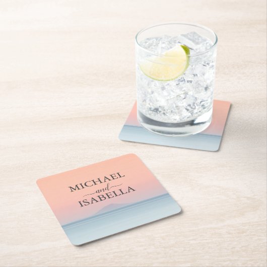 Bruiloft door het zee onder peachy sky zonsonderga kartonnen onderzetters (Insitu)