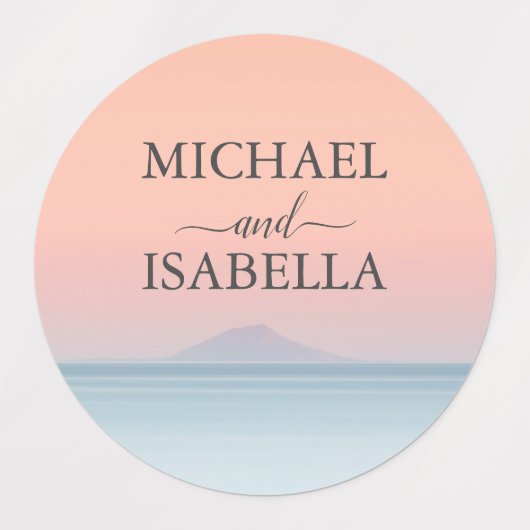 Bruiloft door het zee onder peachy sky zonsonderga labels (Design 1)