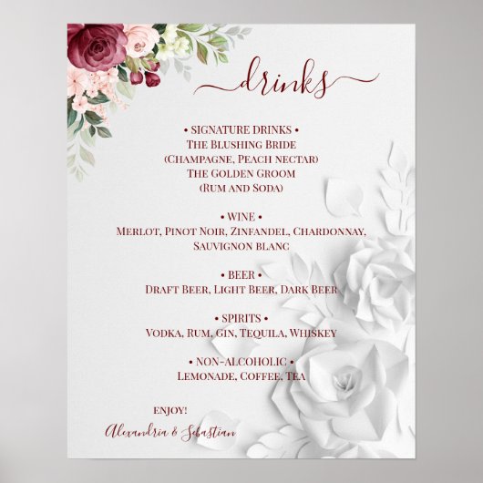 Bruiloft Dranken Menu Bord Bloemen Poster (Voorkant)