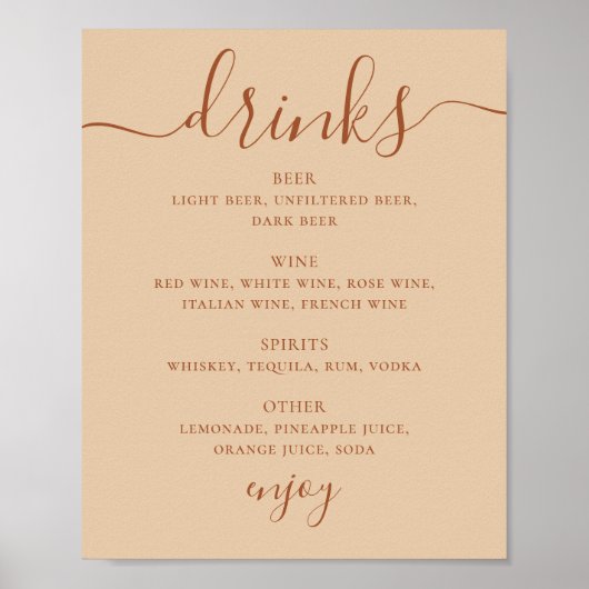 Bruiloft Drankmenu | Bar Bord in Warm Perzik Zand Poster (Voorkant)