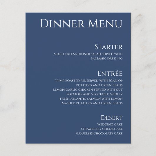 Bruiloft Drink & Diner Menu-Donkerblauw en Wit (Voorkant)