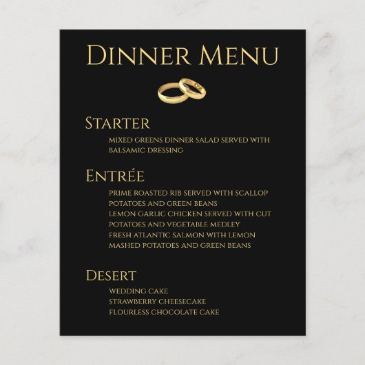 Bruiloft Drink & Diner Menu- Zwart en Goud- (Voorkant)