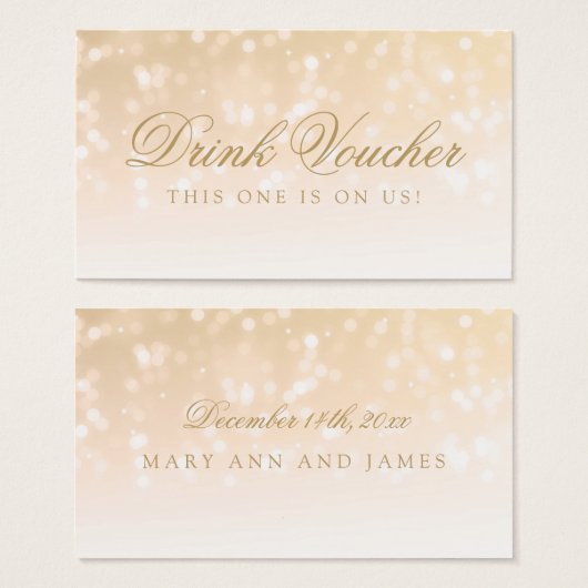 Bruiloft Drink Voucher Gold Bokeh Sparkle Lights Visitekaartje (Voorkant /achterkant)