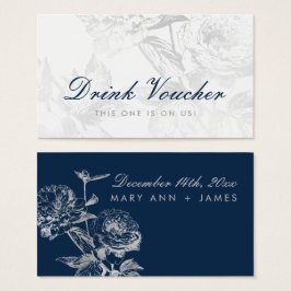 Bruiloft Drink Voucher Modern Floral Silver Navy Visitekaartje