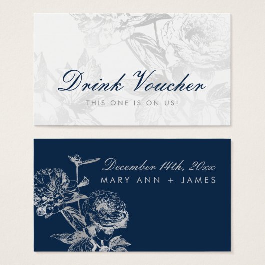 Bruiloft Drink Voucher Modern Floral Silver Navy Visitekaartje (Voorkant /achterkant)