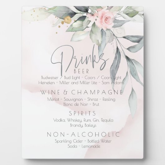 Bruiloft | Drinken Menu BOHO Foliage Pink Rose Fotoplaat (Voorkant)