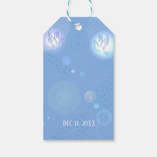 Bruiloft duif blauwe verlichting achtergrond cadeaulabel (Achterkant)