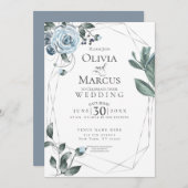 BRUILOFT | Dusty Blue Floral Waterverf Silver Kaart (Voorkant / Achterkant)