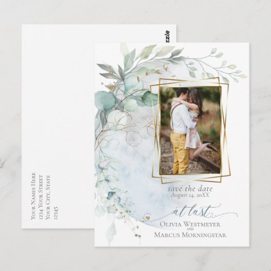 bruiloft | Dusty Blue Over the Moon in Love Briefkaart (Voorkant / Achterkant)