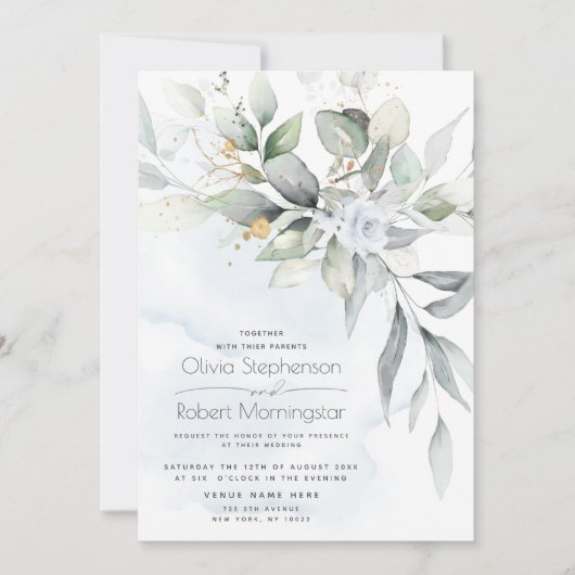 Bruiloft | Dusty Blue Roos Woodland Greenery Boho Kaart (Voorkant)