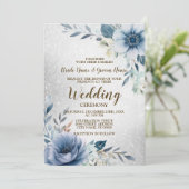 Bruiloft Dusty Blue Waterverf Flowers Silver Kaart (Staand voorkant)