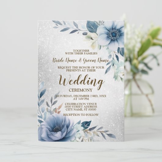 Bruiloft Dusty Blue Waterverf Flowers Silver Kaart (Staand voorkant)