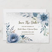 Bruiloft Dusty Blue Waterverf Flowers Silver Save The Date (Voorkant)