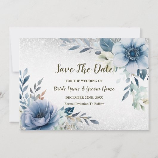 Bruiloft Dusty Blue Waterverf Flowers Silver Save The Date (Voorkant)