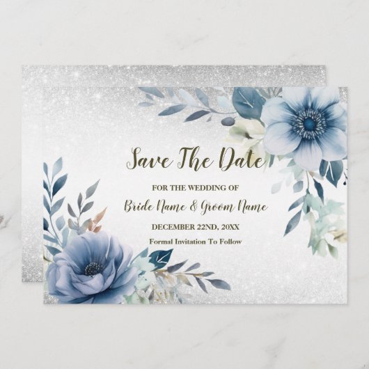 Bruiloft Dusty Blue Waterverf Flowers Silver Save The Date (Voorkant / Achterkant)