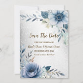 Bruiloft Dusty Blue Waterverf Flowers Silver Save The Date (Voorkant)