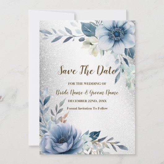 Bruiloft Dusty Blue Waterverf Flowers Silver Save The Date (Voorkant)