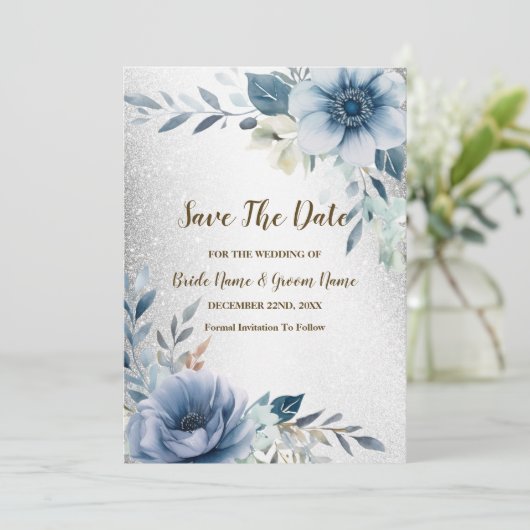 Bruiloft Dusty Blue Waterverf Flowers Silver Save The Date (Staand voorkant)