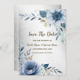 Bruiloft Dusty Blue Waterverf Flowers Silver Save The Date