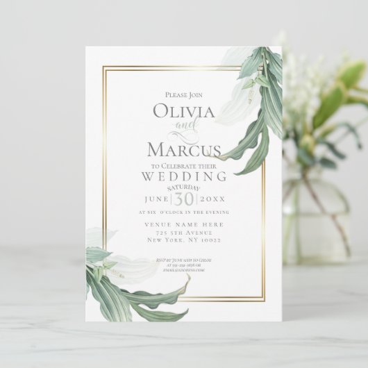 Bruiloft | Dusty Green Elegant Tropical Foliage Kaart (Staand voorkant)