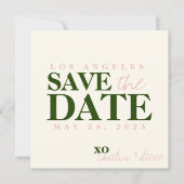 Bruiloft eenvoudig en modern groen en roze save the date (Voorkant)