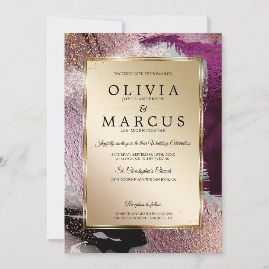 Bruiloft | Elegant Gold Cassis Plum Bruskes Kaart (Voorkant)