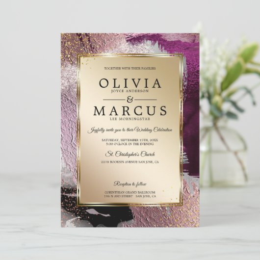 Bruiloft | Elegant Gold Cassis Plum Bruskes Kaart (Staand voorkant)