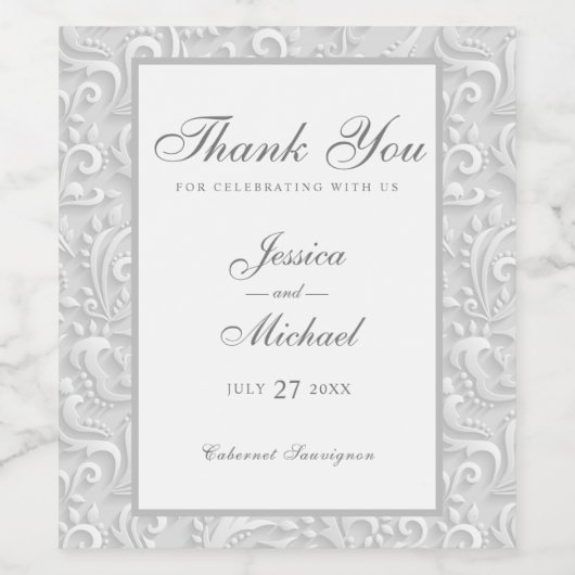 Bruiloft Elegant Grijs Wit 3D Ontwerp Wijn Etiket (Enkel label)