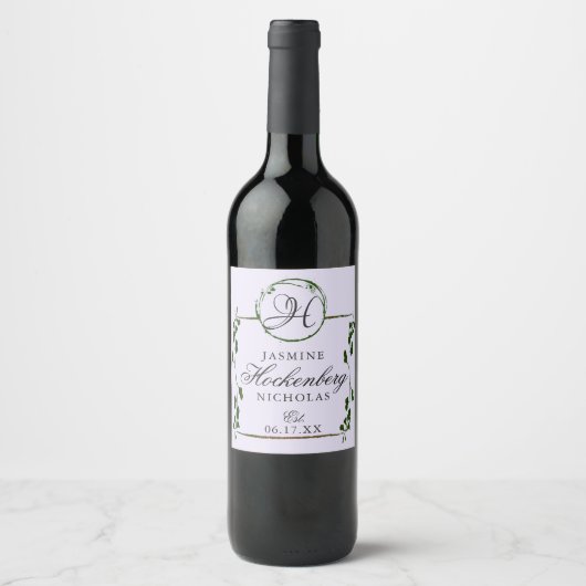 Bruiloft Elegant Monogram Groen Gepersonaliseerd Wijn Etiket (Voorkant)