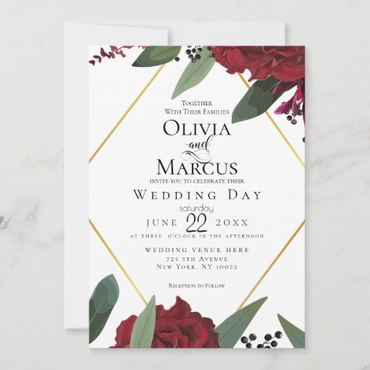 BRUILOFT | Elegant Rich Burgundy Marsala Floral 3 Kaart (Voorkant)