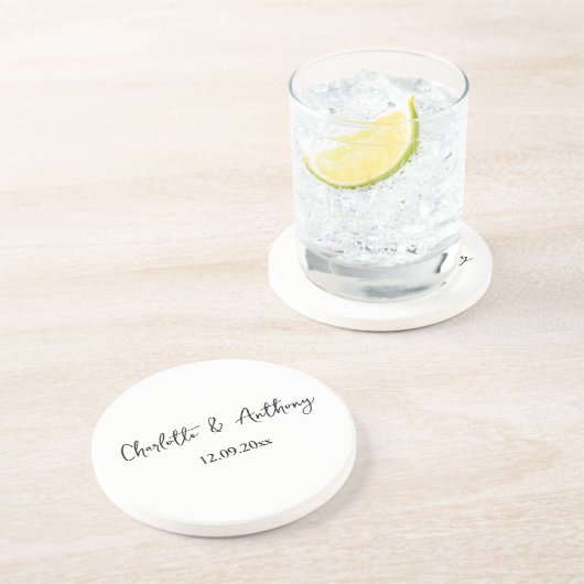 Bruiloft Elegant Script Creatief Zwart Wit Zandsteen Onderzetter (Zijkant)