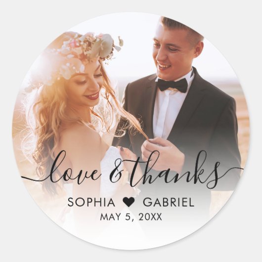 Bruiloft Elegant Script Heart Photo Dank u Ronde Sticker (Voorkant)