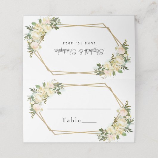 Bruiloft Elegant Wit Chic Roos Bloemen Goud Lijst Plaatskaartje (Buitenkant ongevouwen)
