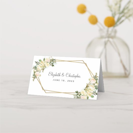Bruiloft Elegant Wit Chic Roos Bloemen Goud Lijst Plaatskaartje (Achterkant)