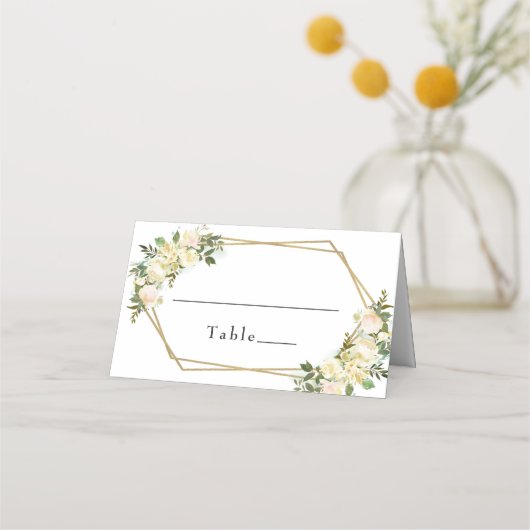 Bruiloft Elegant Wit Chic Roos Bloemen Goud Lijst Plaatskaartje (Voorkant)