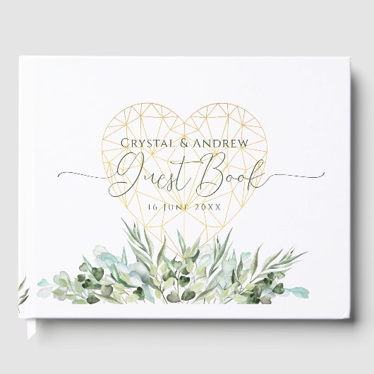 Bruiloft Elegant Wit Goud Hart Eucalyptus Bladeren Gastenboek (Voorkant)