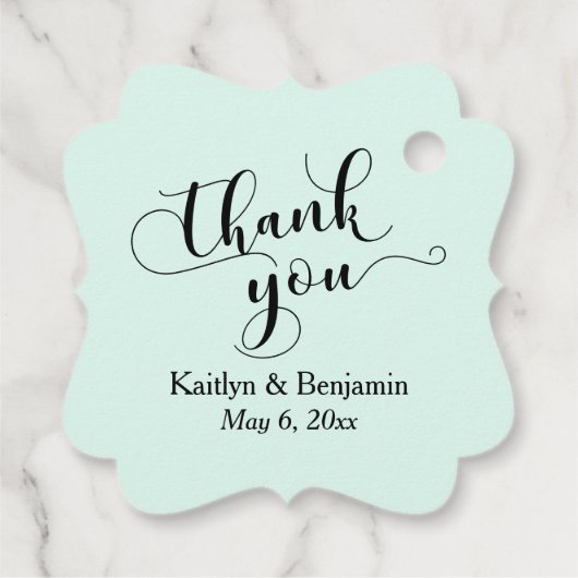 Bruiloft Elegant Zwart Script, Mint Groen Dank u Bedankjes Labels (Achterkant)