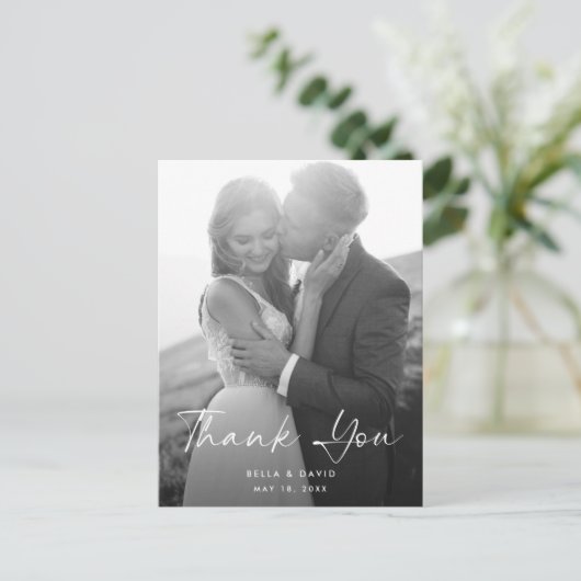 Bruiloft Elegant Zwart Wit Script Foto Dank u Briefkaart (Staand voorkant)