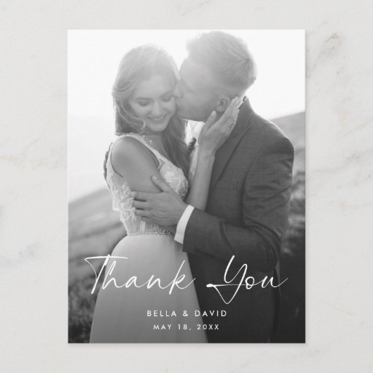 Bruiloft Elegant Zwart Wit Script Foto Dank u Briefkaart (Voorkant)