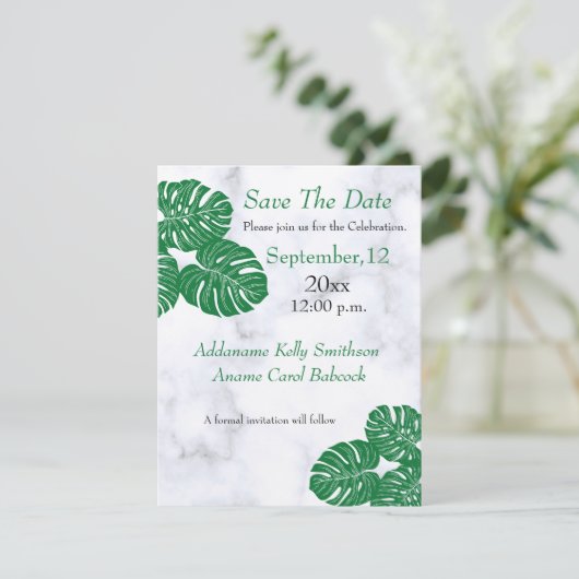 Bruiloft Elegante Moderne Marmeren Tropische Blade Save The Date (Staand voorkant)