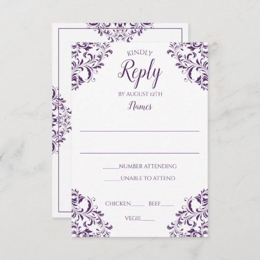 Bruiloft Elegante  Reply Kaart Plum / Paarse (Voorkant / Achterkant)