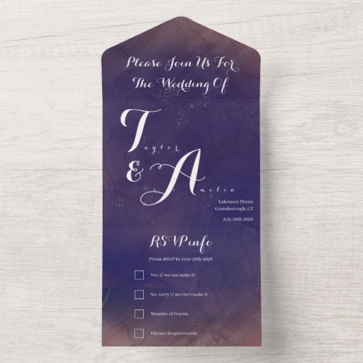 Bruiloft Elegante Typografie Paarse All In One Uitnodiging (Binnen)