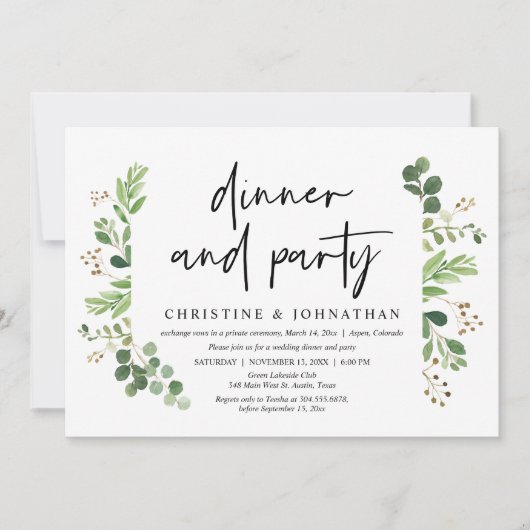 Bruiloft Elopement Diner en Feestviering Kaart (Voorkant)