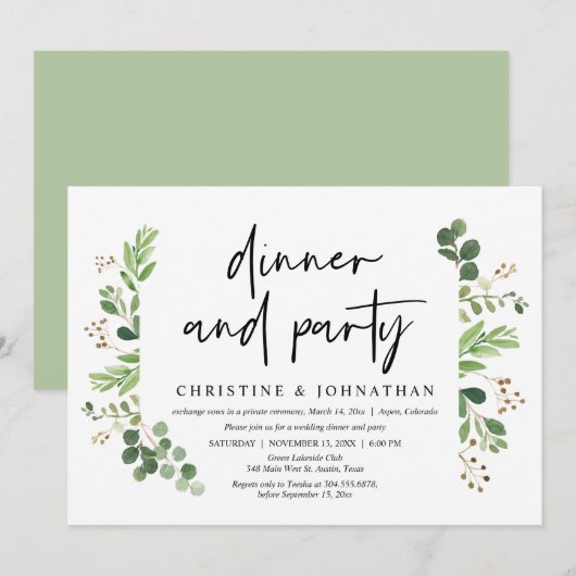 Bruiloft Elopement Diner en Feestviering Kaart (Voorkant / Achterkant)