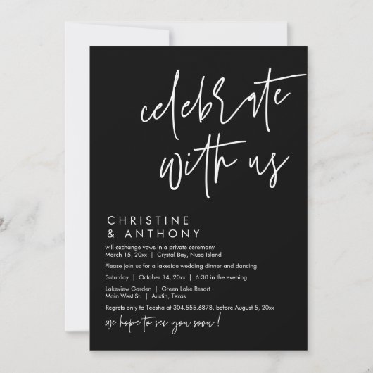 Bruiloft Elopement Diner, Modern Casual Script Kaart (Voorkant)