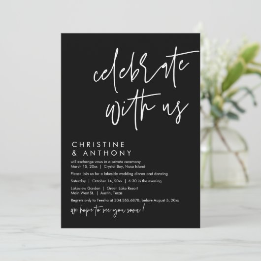 Bruiloft Elopement Diner, Modern Casual Script Kaart (Staand voorkant)