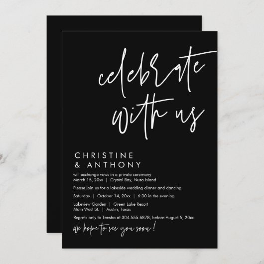 Bruiloft Elopement Diner, Modern Casual Script Kaart (Voorkant / Achterkant)